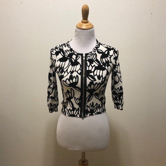 Tracy Reese Cropped Full Zip Floral Black Sweater XS - Picture 2 of 9